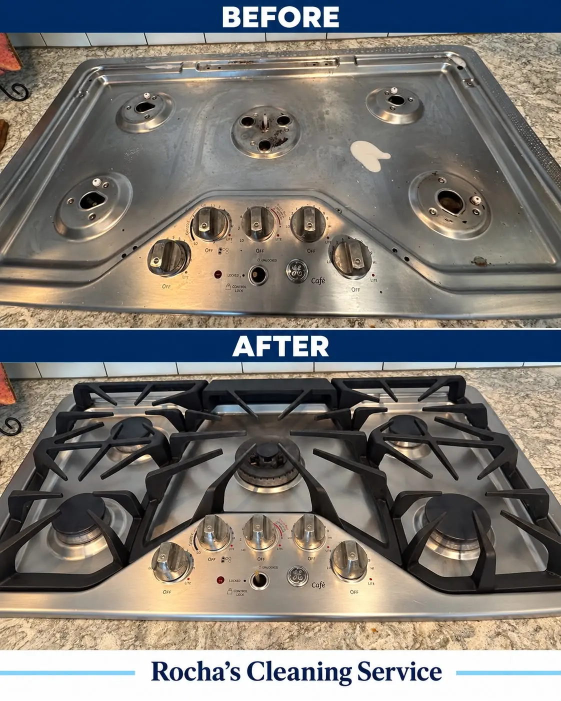 Before and after cleaning the same stainless steel gas cooktop