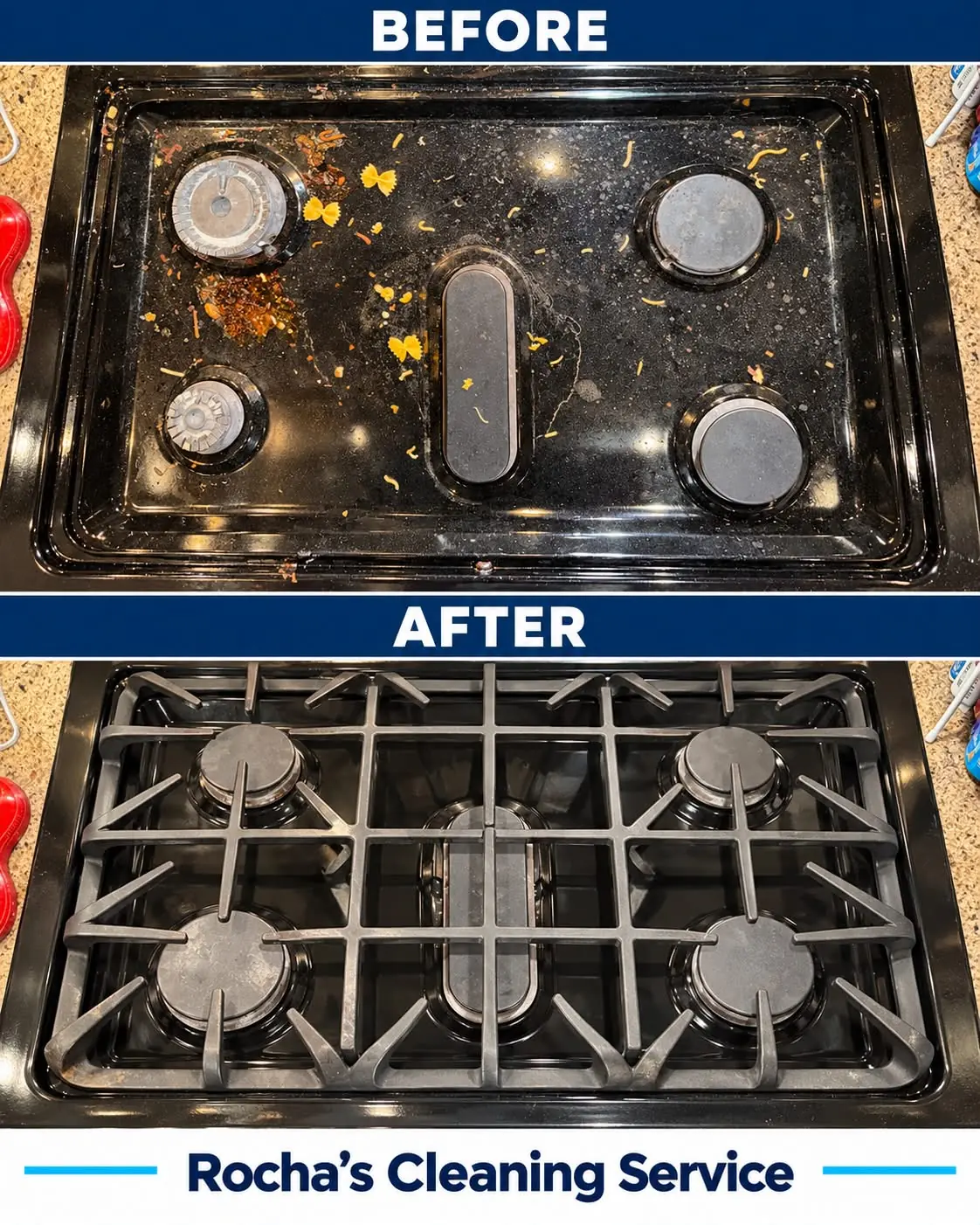 Before and after cleaning the same black gas stovetop