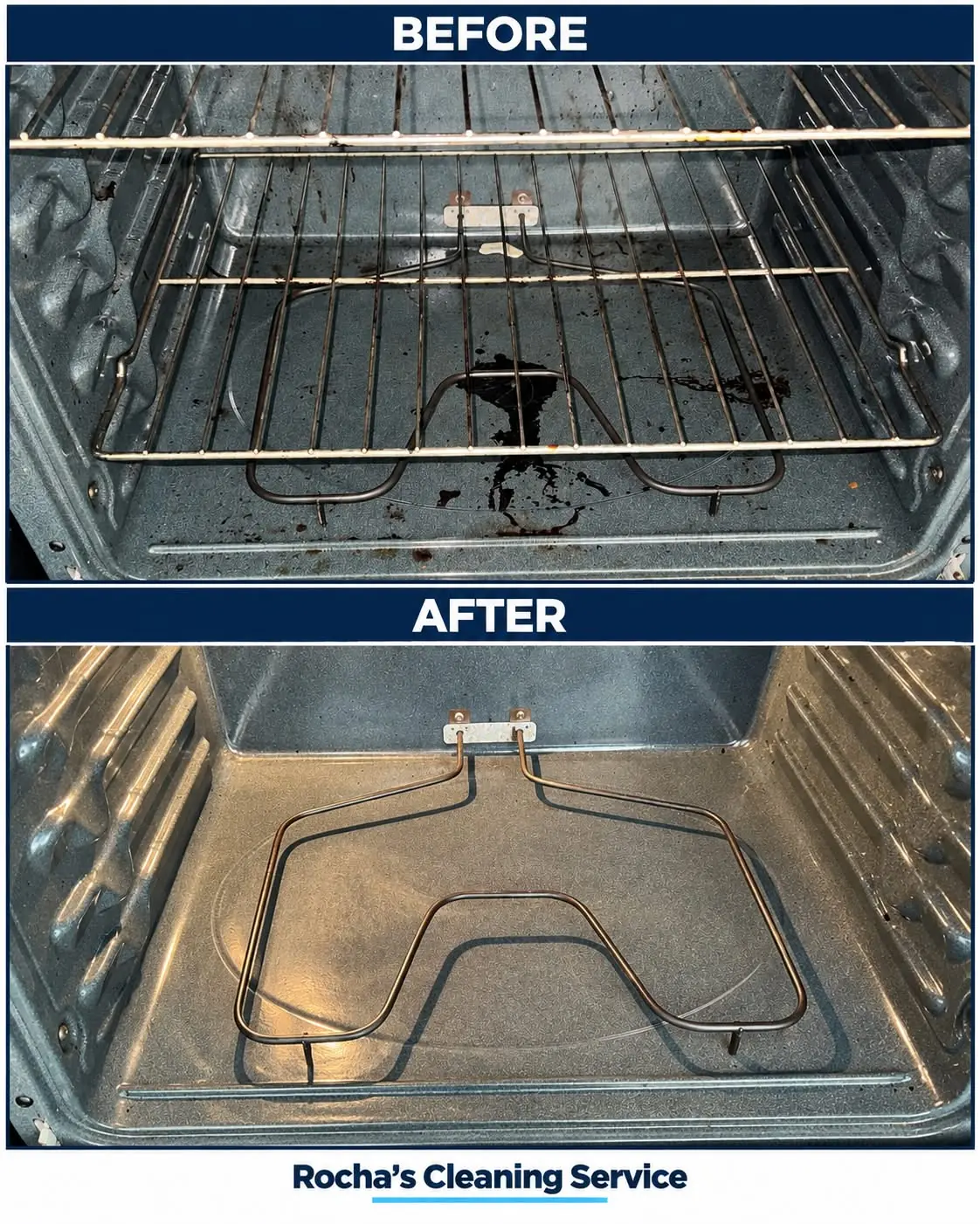 Before and after removing buildup from the same oven interior