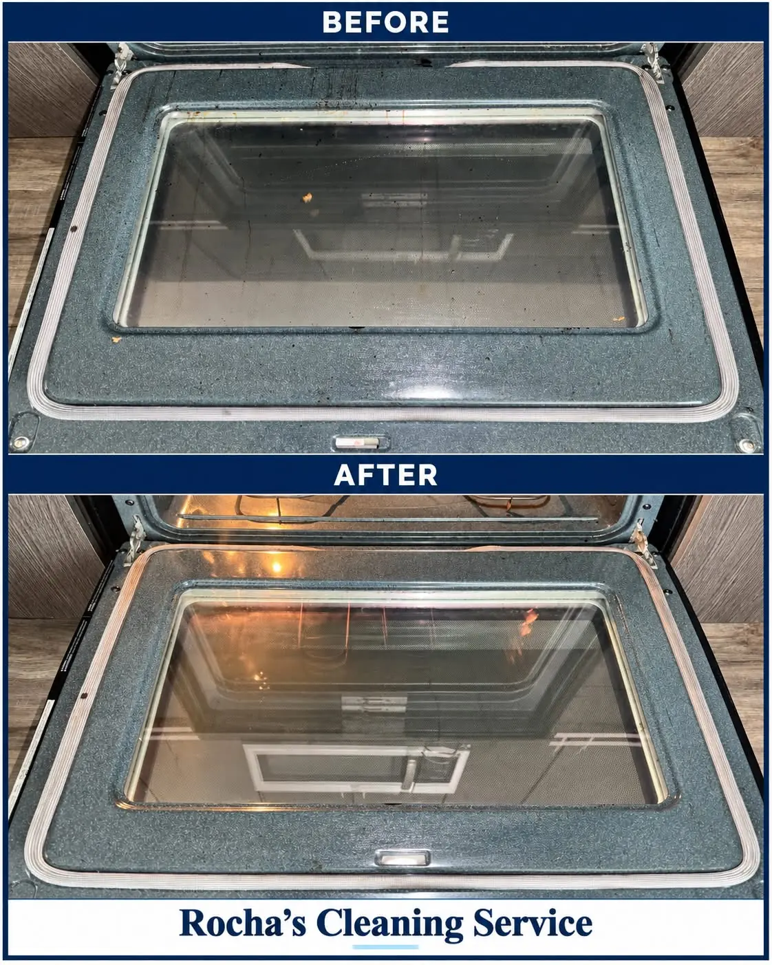 Before and after cleaning the same oven door glass