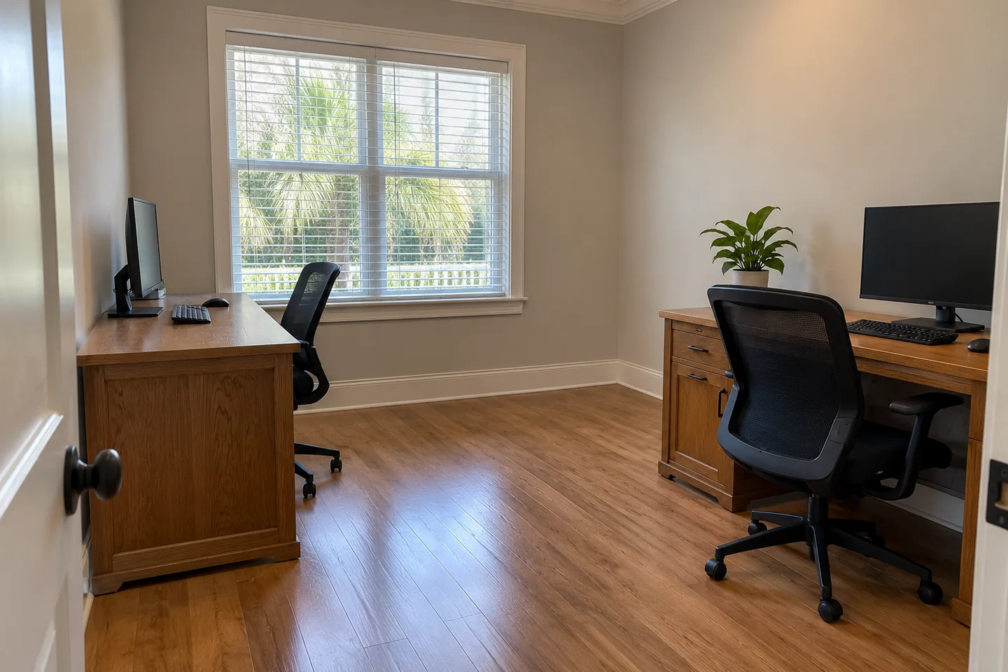 Tidy small office with wood desks and natural light